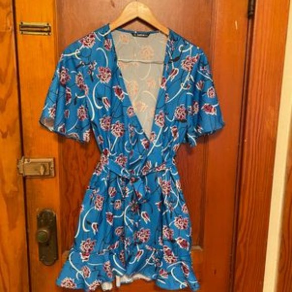 NWOT Shein Allover Floral Ruffle Trim Wrap Belted Dress - Picture 2 of 7